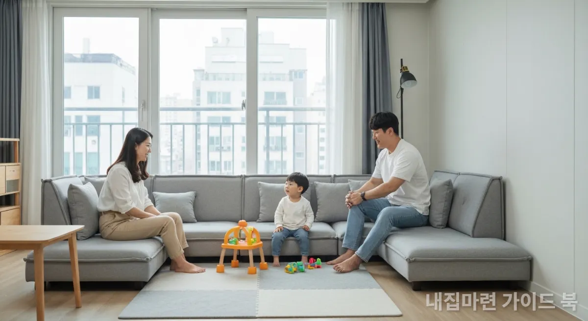 모듈형 소파로 놀이 공간을 만든 아파트 거실에서 아이와 함께 시간을 보내는 한국인 가족