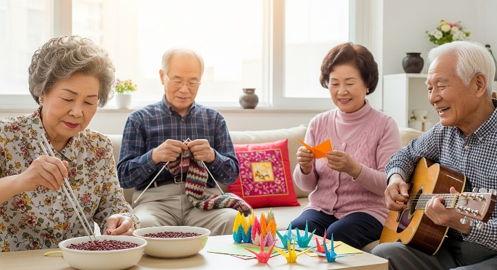 콩옮기기 뜨개질, 종이접기. 기타를 치는 노인들의 모습, 대표적인 치매예방에 좋은 활동들이다.