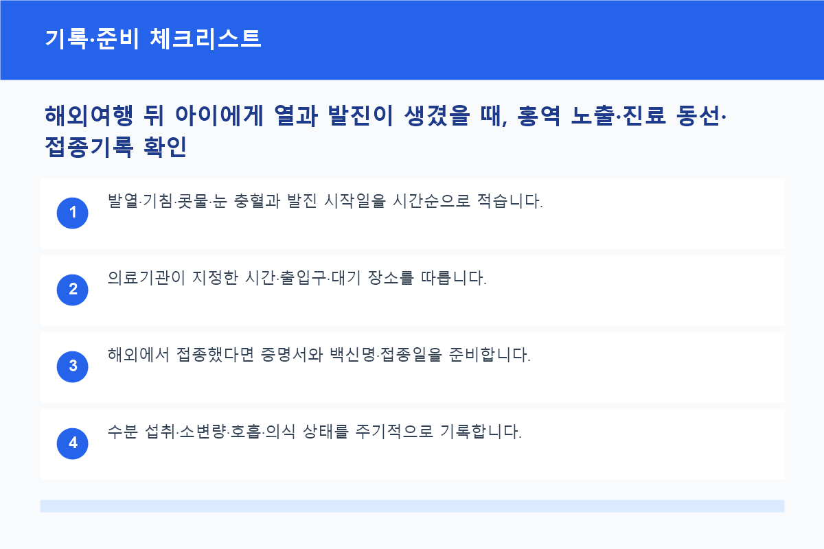 해외여행 뒤 아이에게 열과 발진이 생겼을 때, 홍역 노출&middot;진료 동선&middot;접종기록 확인 기록&middot;준비 체크리스트 정보 이미지