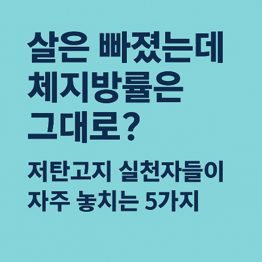 저탄고지를 실천해 체중은 줄었지만 체지방률이 줄지 않은 상황에 대한 질문을 담은 인포그래픽. 파란 배경에 "살은 빠졌는데 체지방률은 그대로? 저탄고지 실천자들이 자주 놓치는 5가지"라는 문구가 진한 글씨로 적혀 있다.