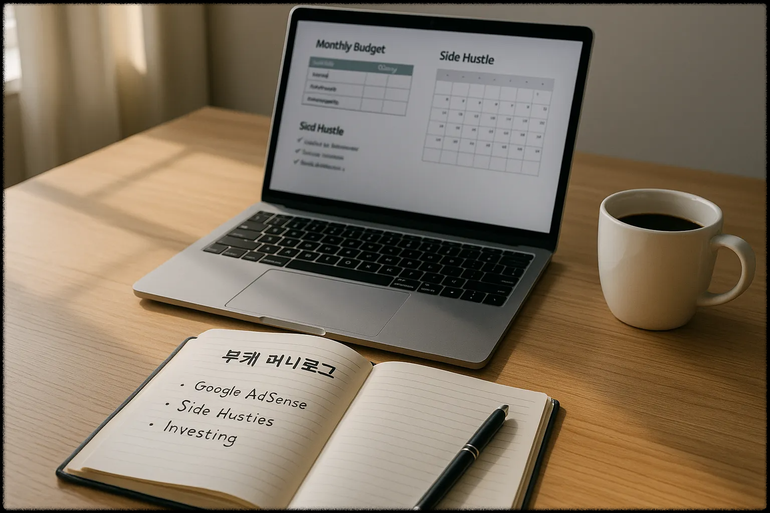 책상 위에서 부업 전략을 세우는 장면