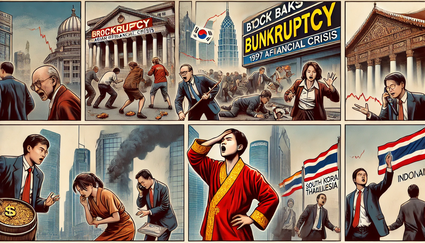 1997년 아시아 금융위기를 표현한 역사적이고 현실적인 이미지. 혼란에 빠진 주식 거래소의 트레이더들, '파산(Bankruptcy)' 표지판이 붙은 폐쇄된 은행, 어려움을 겪는 아시아 시장과 불안에 찬 비즈니스맨들의 모습 포함. 폭락하는 주가 지수, 하락하는 통화 가치, 한국, 태국, 인도네시아 등 경제적 어려움을 겪는 국가들의 상황을 시각화하며, 1990년대 복장, 금융 기관, 도시 풍경을 충실히 재현.