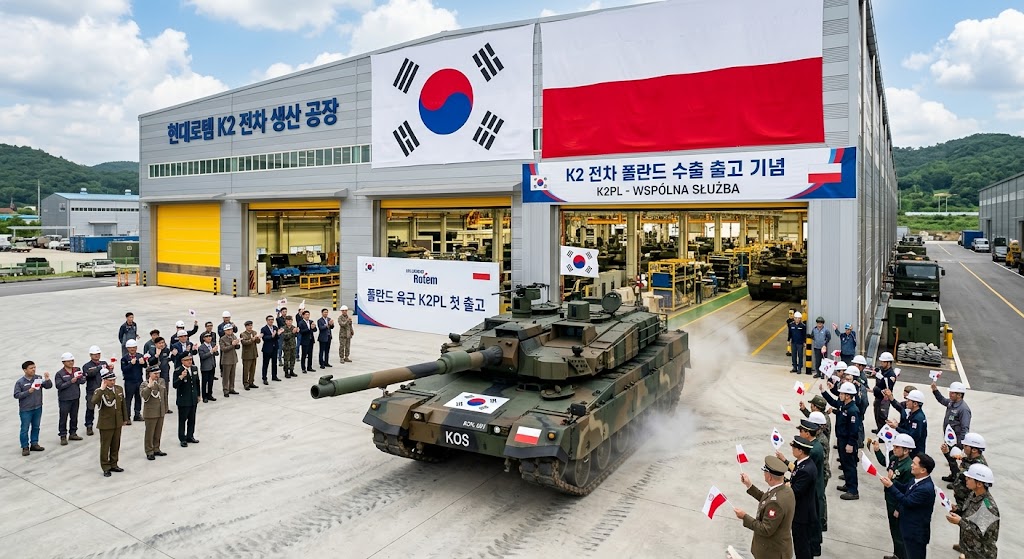 폴란드 국기와 태극기가 나란히 걸린 공장에서 K2 전차가 위용을 뽐내며 출고되는 모습