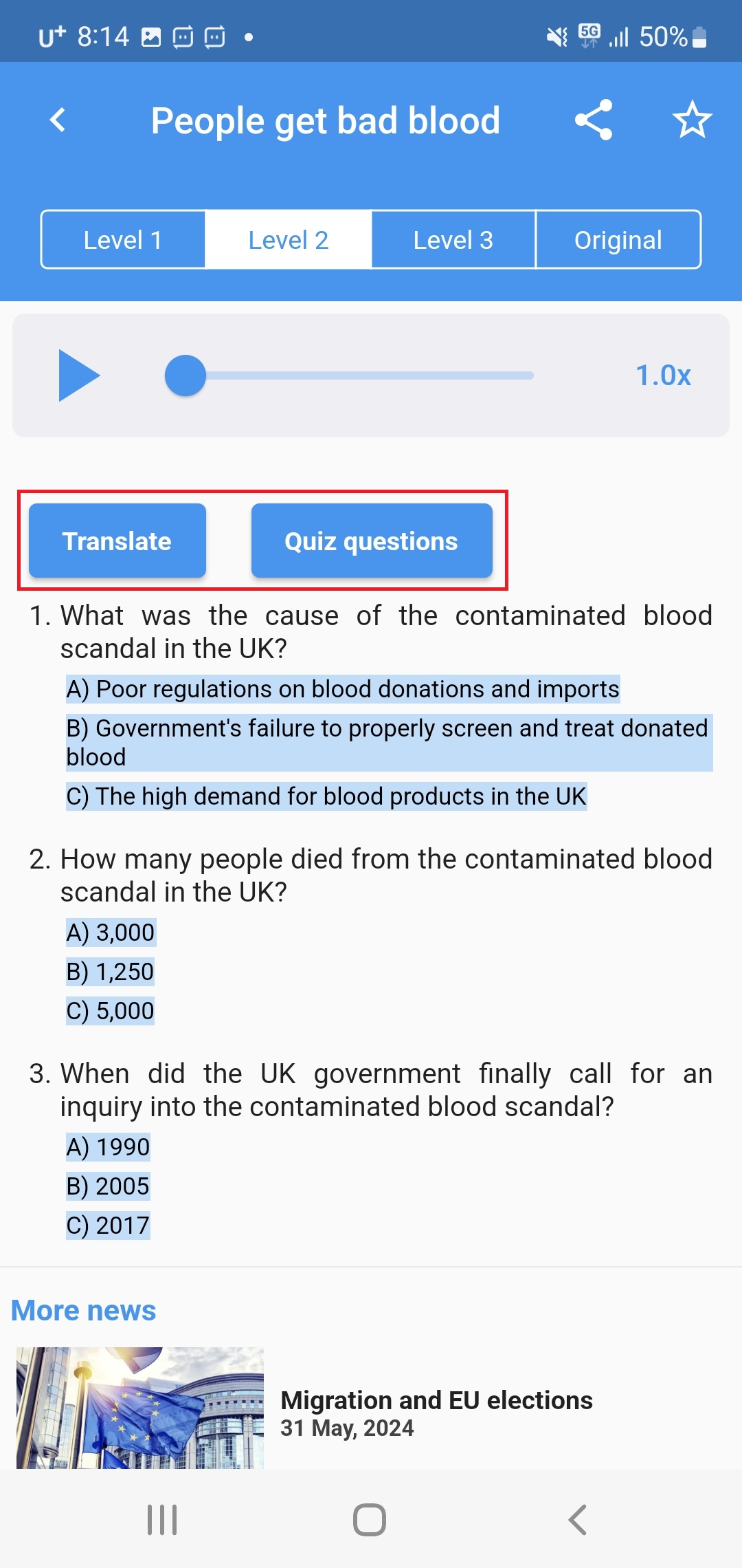 뉴스인레벨 번역 및 퀴즈