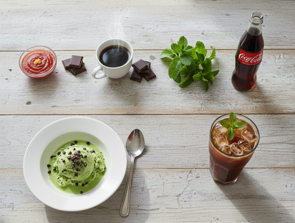커피, 초콜릿, 민트초코아이스크림, 탄산음료 가 담긴 이미지