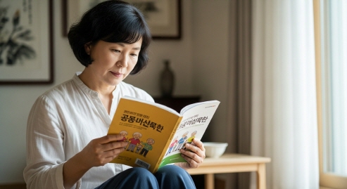 노인복지 안내 책자를 읽는 50대 여성