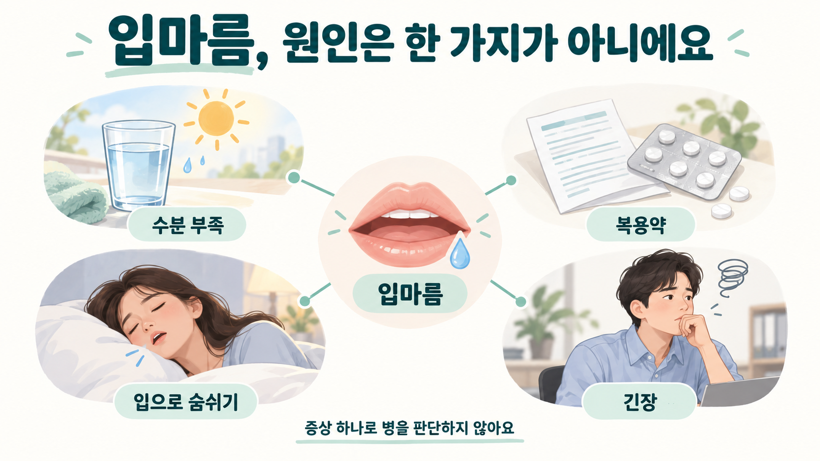 수분 부족과 약 복용, 입으로 숨 쉬는 습관을 구분한 입마름 원인 설명 그림