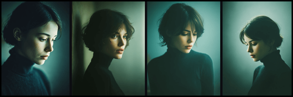 구조화된 감성 프롬프트 예시, moody 조명과 질감이 조화된 인물 초상 이미지_Midjourney