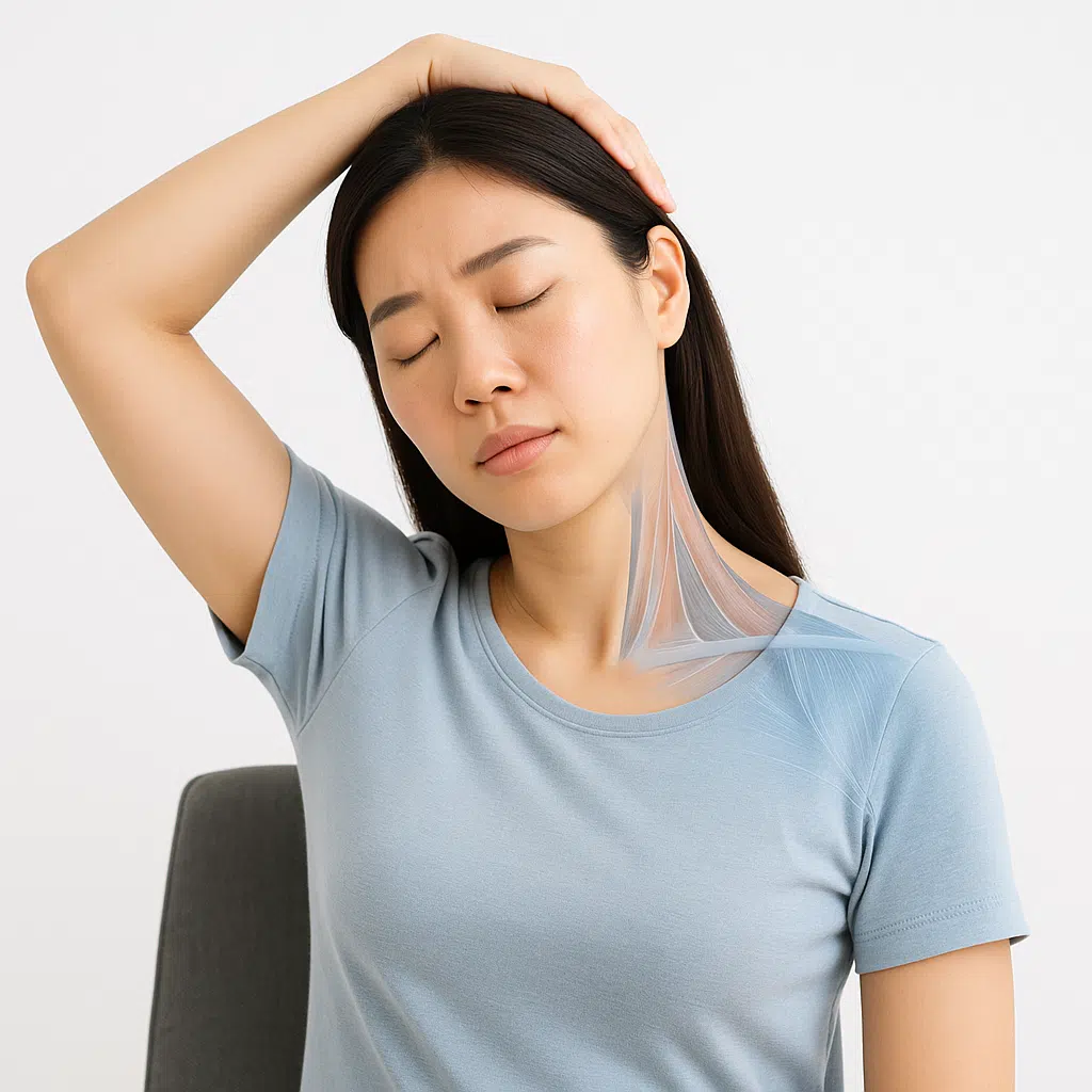 의자에 앉아 등을 곧게 편 한국인 여성이 한 손으로 머리를 잡고 옆으로 당기는 동작, 어깨는 아래로 내린 모습, 목 옆 근육이 늘어나는 투명 근육 해부학 오버레이