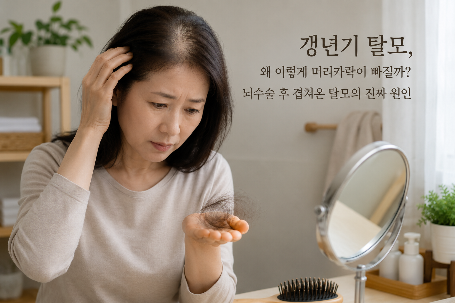 갱년기 탈모로 빠진 머리카락을 손에 들고 거울 앞에서 확인하는 중년 여성