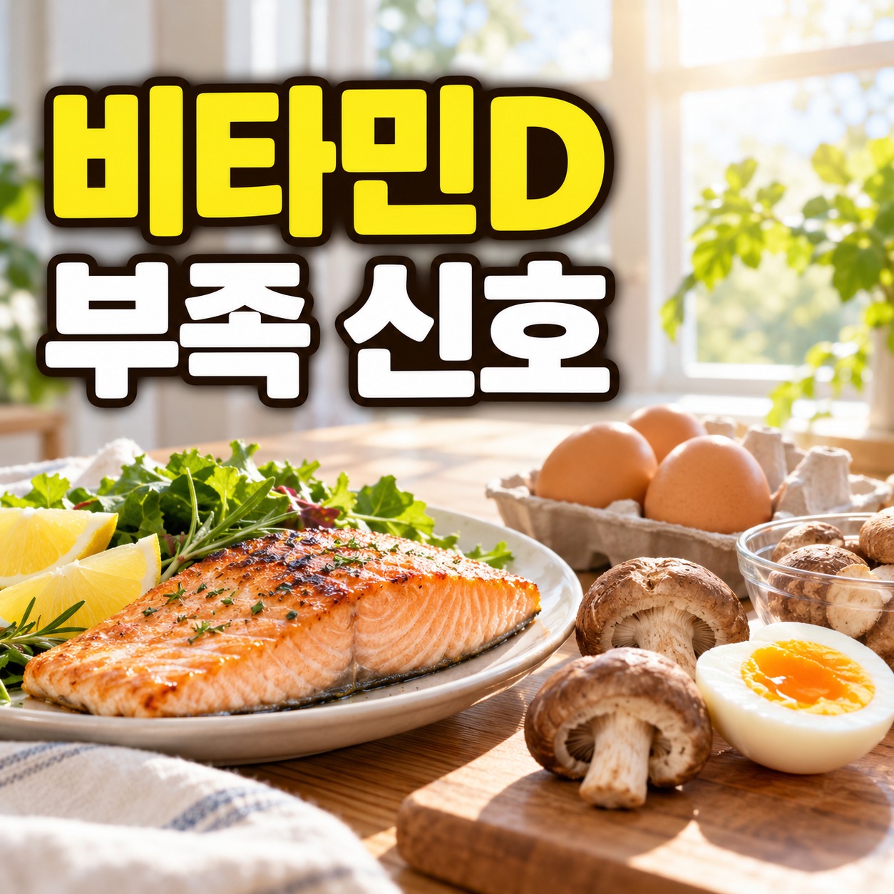 햇빛이 드는 식탁 위에 연어와 달걀 버섯이 놓인 비타민D 건강 이미지