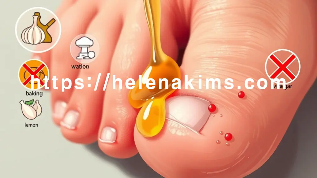 갈라지고 염증이 생긴 듯한 무좀 발톱에 정체불명의 액체가 떨어지고 있으며, 주변에는 'X' 표시가 된 민간요법 아이콘(예: 마늘, 레몬, 베이킹 소다 등)들이 희미하게 떠 있는 이미지.