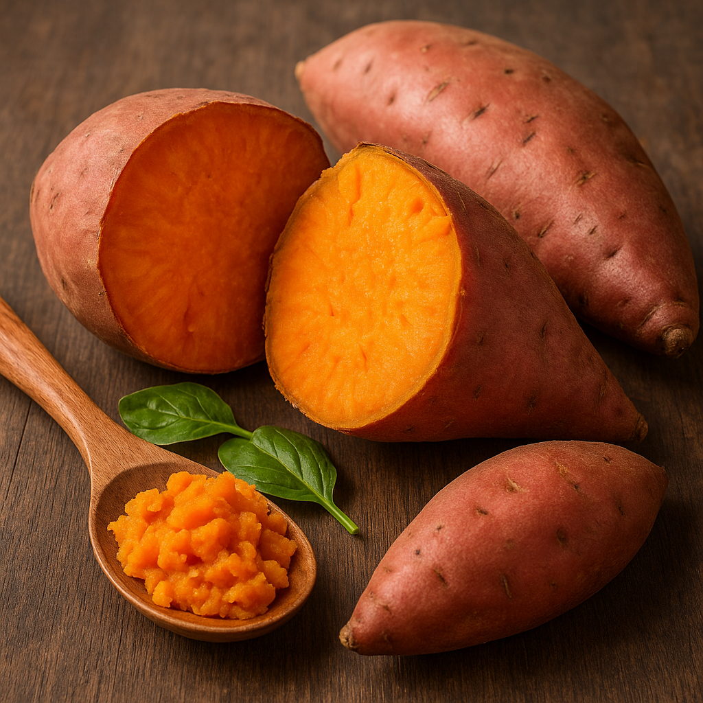 고구마, 으깬 고구마, 생잎이 어우러진 암 환자용 고영양 간식 이미지