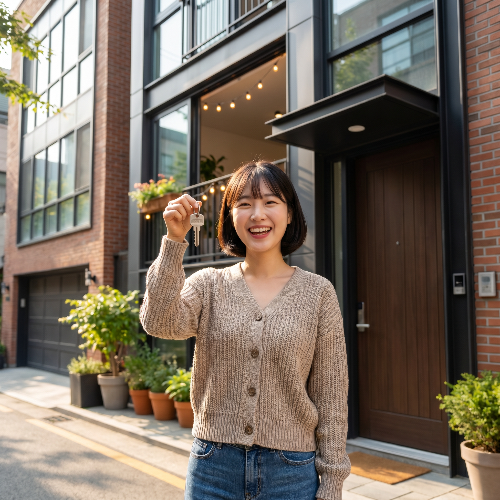 현대적이고 깔끔한 주거 공간 앞에서 내 집 마련과 독립의 기쁨을 체감하며 아파트 열쇠를 손에 쥐고 환하게 웃고 있는 청량한 분위기의 젊은 한국인 여성. 청년 주거 복지 혜택을 통해 안정적인 독립생활을 시작하는 청년의 행복한 라이프스타일을 담은 8k 초고해상도 사진