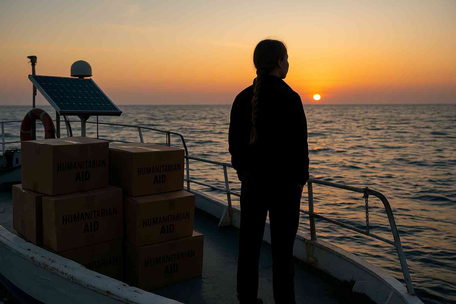 노을지는 바다 위 구호선에 선 여성과 인도주의 물품 상자, 태양광 패널이 보이는 모습