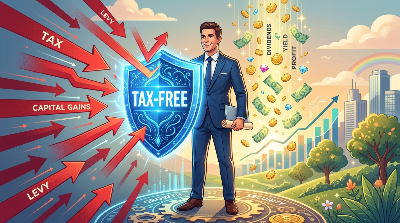'Tax-Free'라고 적힌 튼튼한 방패를 든 투자자가 반도체 주가 상승의 비바람을 웃으며 맞이하고 있는 상징적인 일러스트
