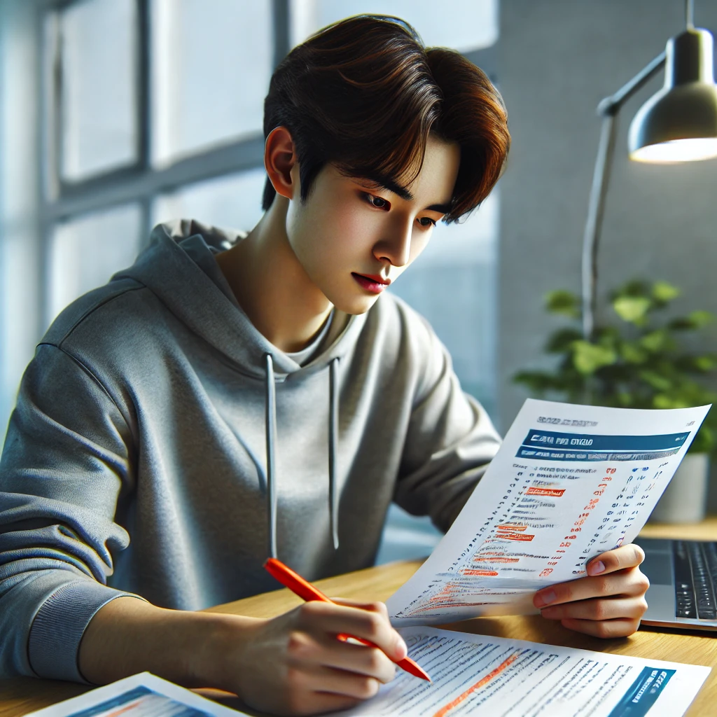 학생이 현대적인 책상에서 시험 문제지를 읽으며 중요한 부분을 형광펜으로 강조하는 모습. 학생은 집중한 표정으로 노트와 노트북이 정리된 책상에 앉아 있습니다