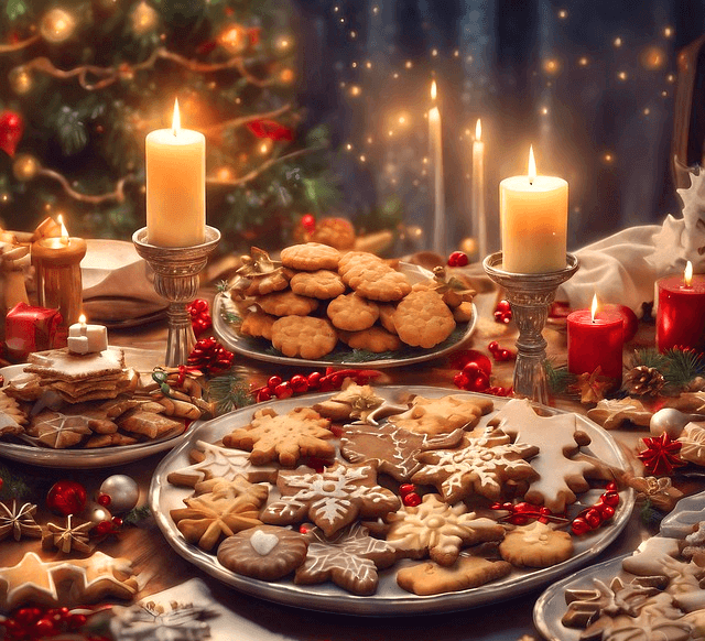 성탄절 트리 앞에 쿠키가 가득 담긴 접시들이 이고 두꺼운 초 4개에 촛불이 켜졌다.