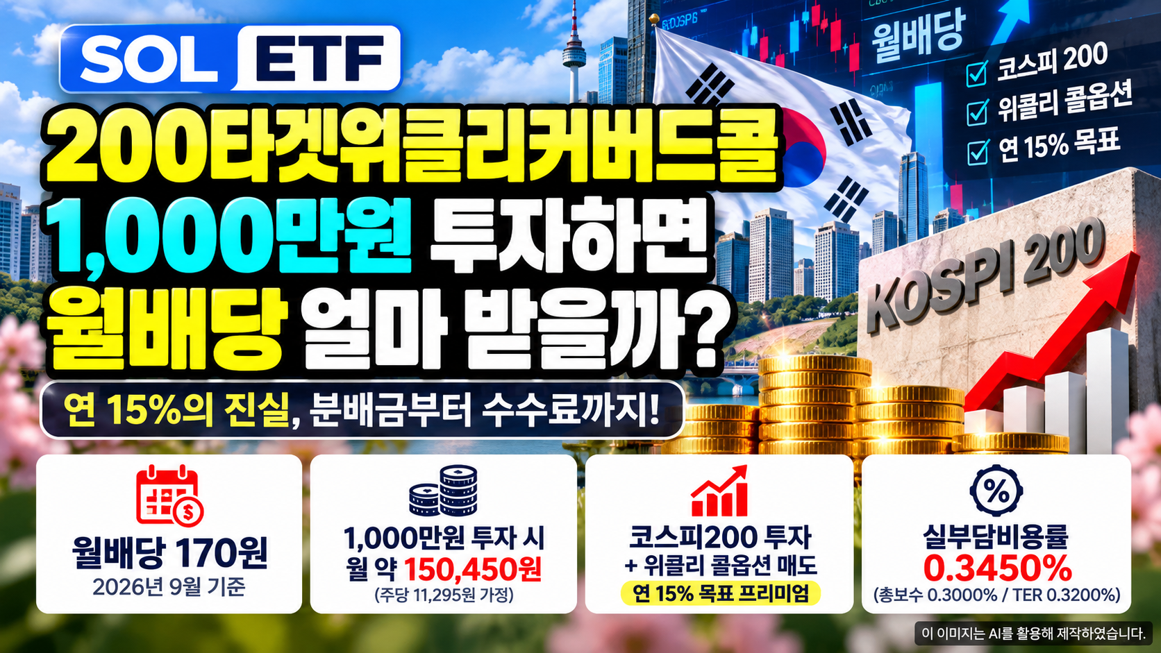 SOL 200타겟위클리커버드콜 ETF 분석, 1,000만원 투자 시 예상 월분배금 15만원과 실제 수수료 0.3450%