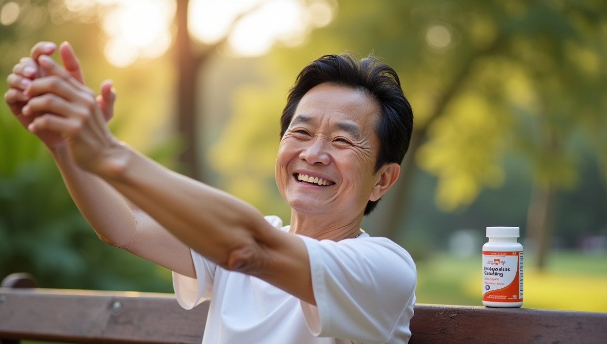 50대 남성이 관절 통증에서 벗어난 듯 기뻐하며 양손을 쭉뻗고 스트레칭하는 모습