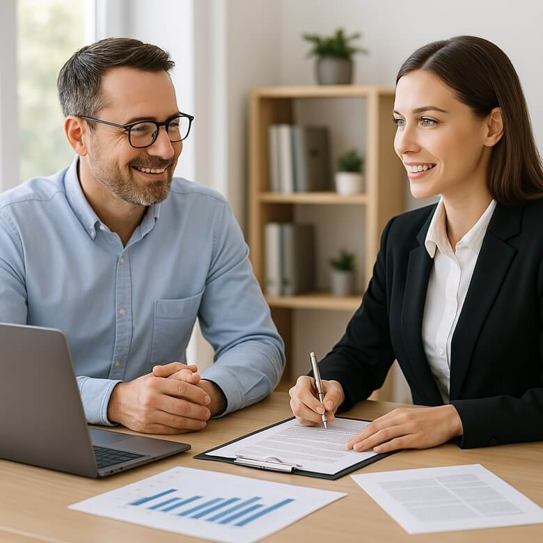 중소기업 대표가 정부 지원 프로그램에 대해 전문가와 상담하며 자금 계획을 세우는 장면. 책상 위에 서류, 노트북, 재무 그래프가 놓여 있음.