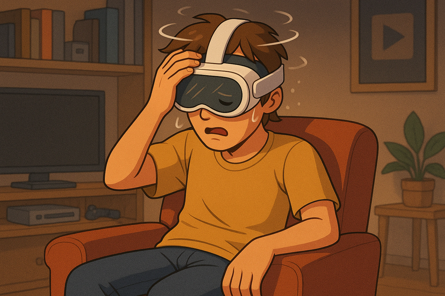 VR 기기를 착용한 후 어지러움을 느끼는 사용자 모습