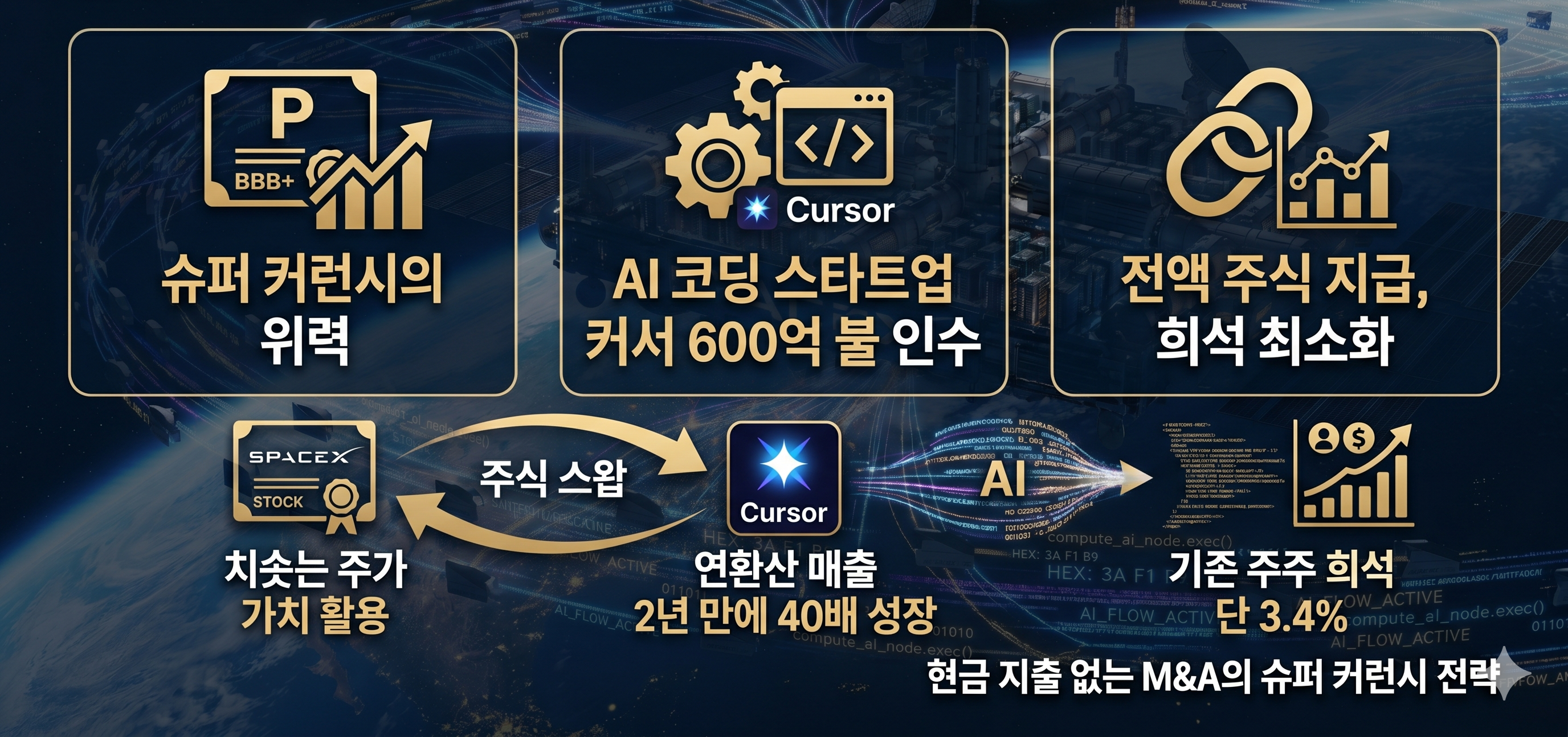 스페이스X의 주식 교환 방식을 통한 커서 인수 계약 핵심 내용을 담은 요약 카드 이미지