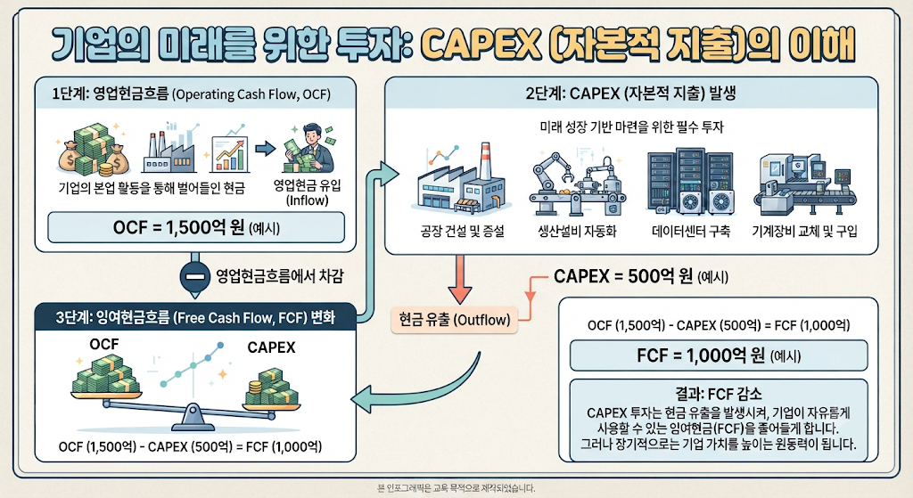 기업의 CAPEX 자본적지출과 FCF의 관계를 보여주는 인포그래픽