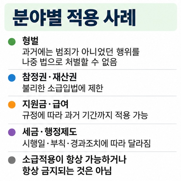형벌 재산권과 참정권 지원금과 급여 세금과 행정제도에서 소급적용 여부가 다를 수 있음을 보여주는 법률 안내 인포그래픽