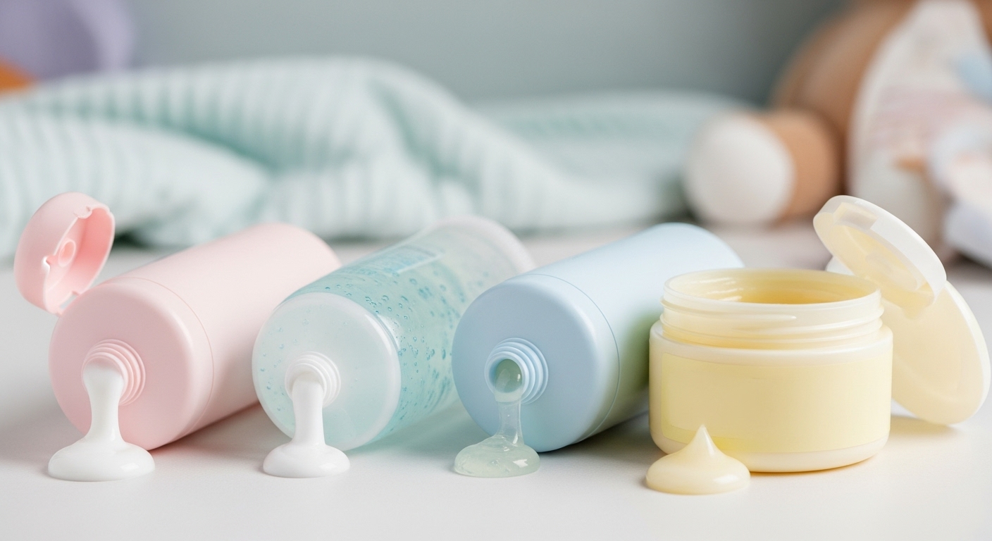 2025년 겨울 추천 아기 보습 로션 3가지 제품이 제형과 함께 진열된 모습