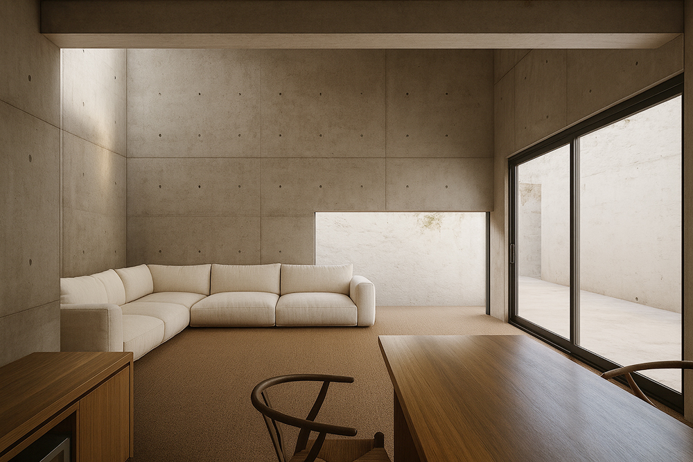 벽 대신 빛과 재질, 높낮이로 공간을 자연스럽게 구분한 미니멀한 거실과 복도가 연결된 인테리어