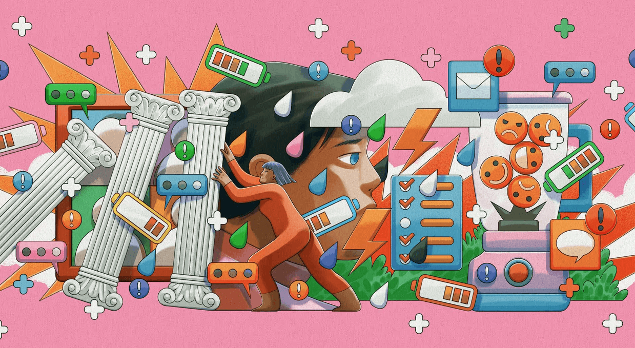 걱정 루프와 스트레스 과부하로 지친 뇌 상태를 표현한 감정 일러스트