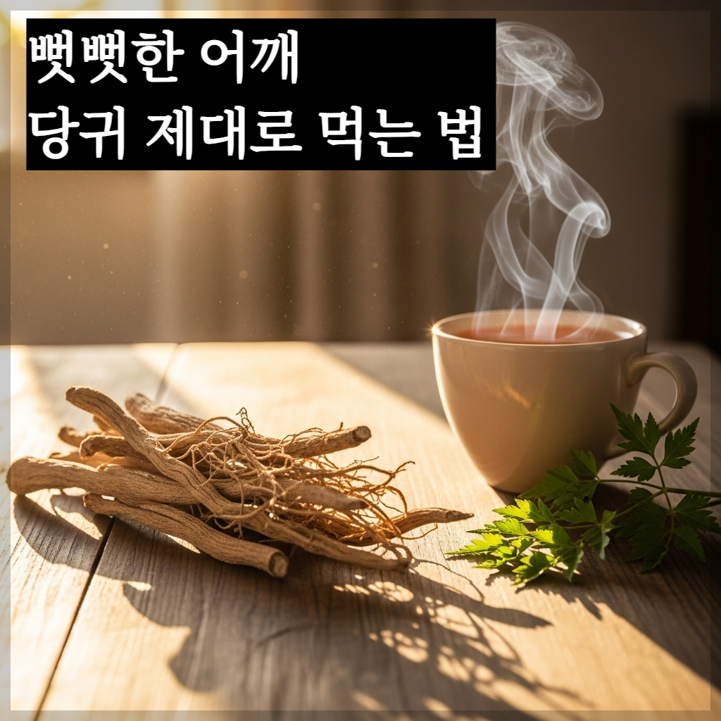 따뜻한 아침 햇살이 비치는 나무 테이블 위에 정갈하게 말린 당귀 뿌리들이 놓여 있고, 그 옆에 하얀 연기가 모락모락 피어오르는 진한 호박색의 당귀차 한 잔이 놓여 있는 평온하고 건강한 분위기의 실사 이미지