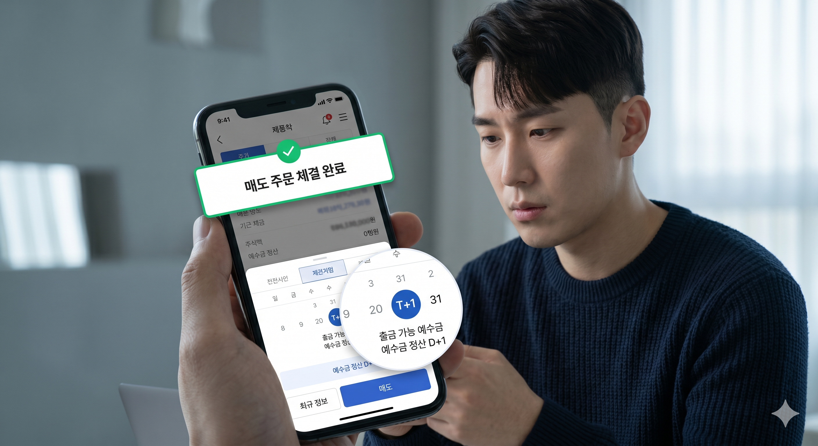 스마트폰 주식 앱에 T+1 결제 안내가 표시되고, 투자자가 신중하게 앱을 확인하는 모습