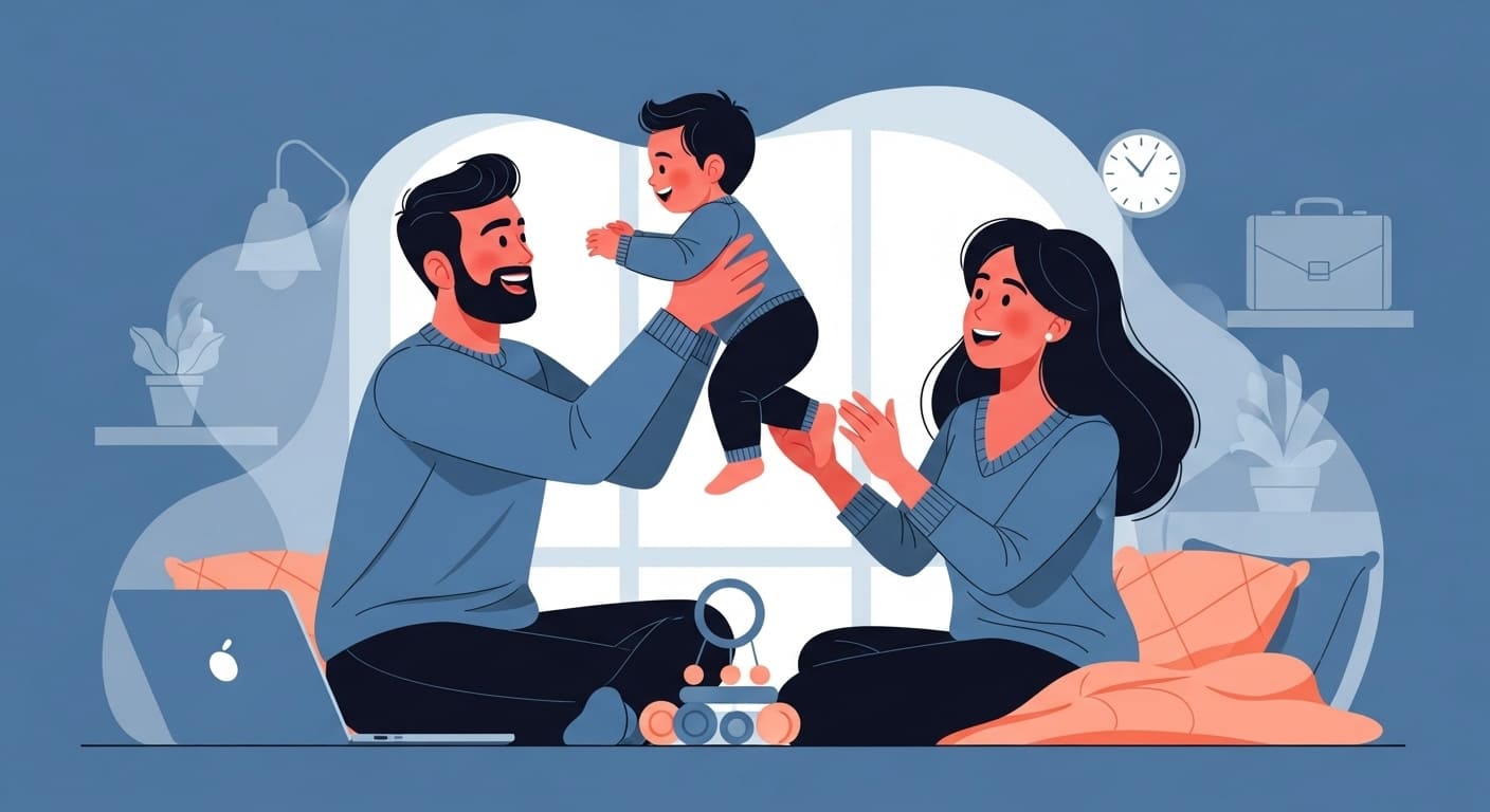 육아휴직으로 아이와 함께 행복한 시간을 보내는 아빠, 엄마, 그리고 아기의 모습. 따뜻하고 화목한 가족의 분위기가 느껴진다.