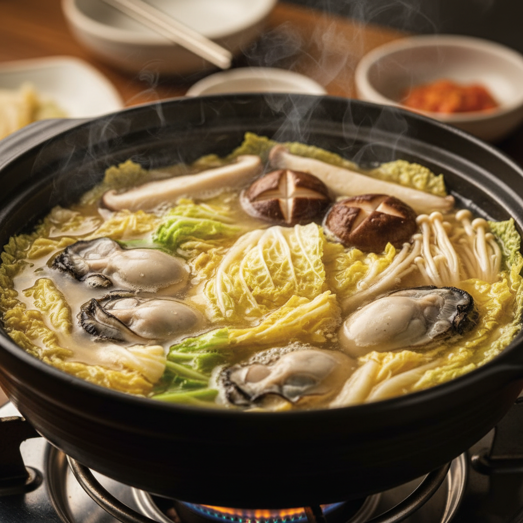 뜨겁게 끓고 있는 굴배추전골의 먹음직스러운 모습
