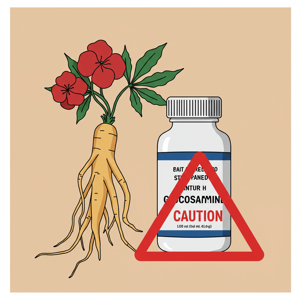 당뇨약과 함께 복용 시 주의가 필요한 글루코사민과 인삼(홍삼)을 나타내는 경고 이미지