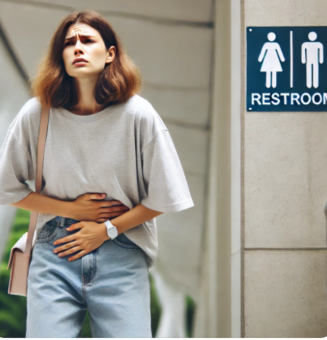 소변이 자주 마려워 화장실 앞에서 괴로워하고 있는 여성의 모습