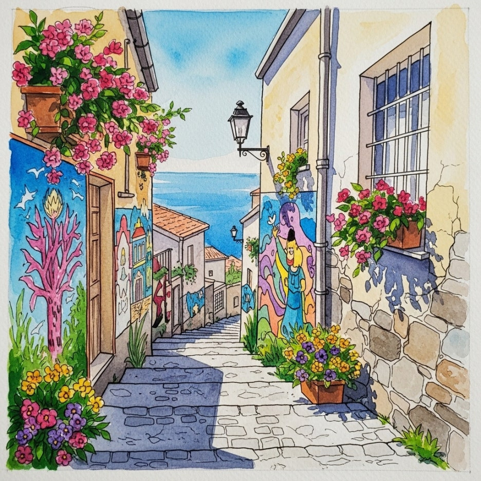 알록달록한 벽화와 바다 전망이 어우러진 논골담길 골목