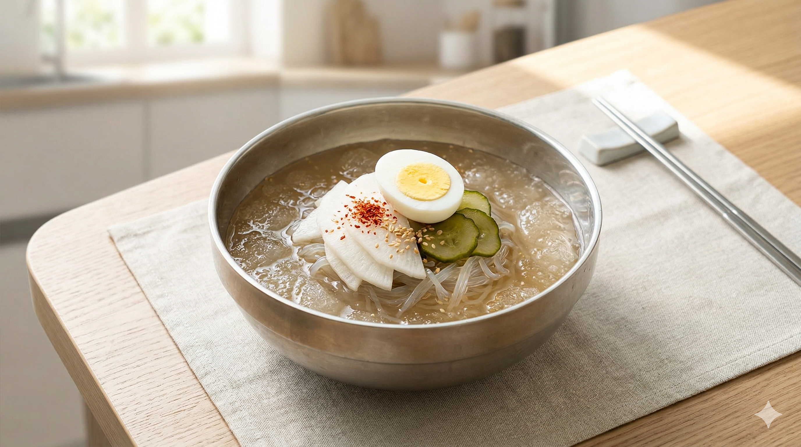 다이어트 식단인 곤약 냉면과 살얼음 동치미 육수 요리 이미지. 저칼로리 곤약면과 시원한 냉면 고명들이 어우러진 건강한 한 끼 식사 비주얼