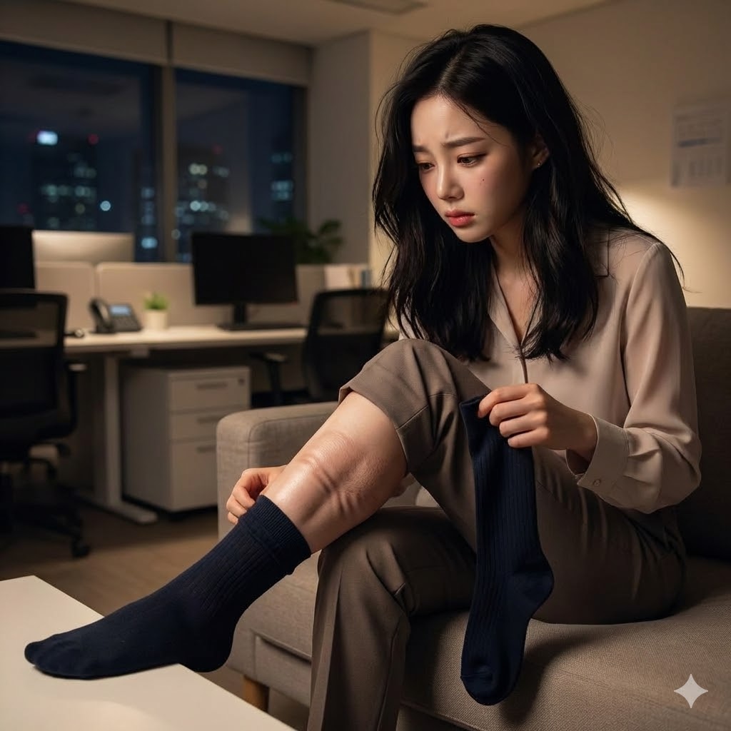 하체 부종을 확인하고 있는 여성 사진