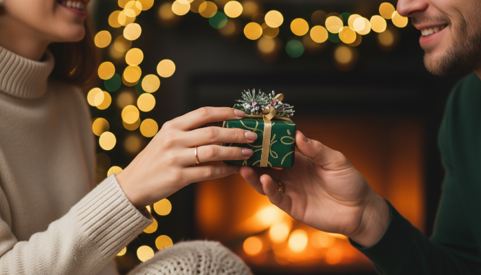 크리스마스 분위기 속에서 서로에게 선물을 건네며 따뜻한 미소를 짓는 커플의 손