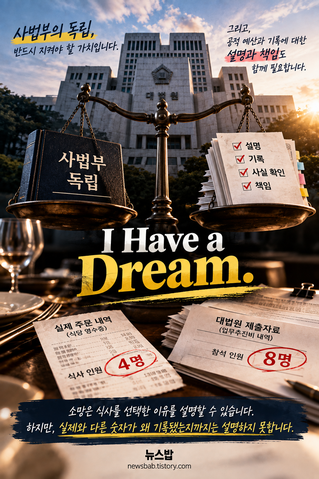 사법부 독립과 공적 예산의 설명 책임을 저울로 표현한 대법원 업무추진비 논란 인포그래픽