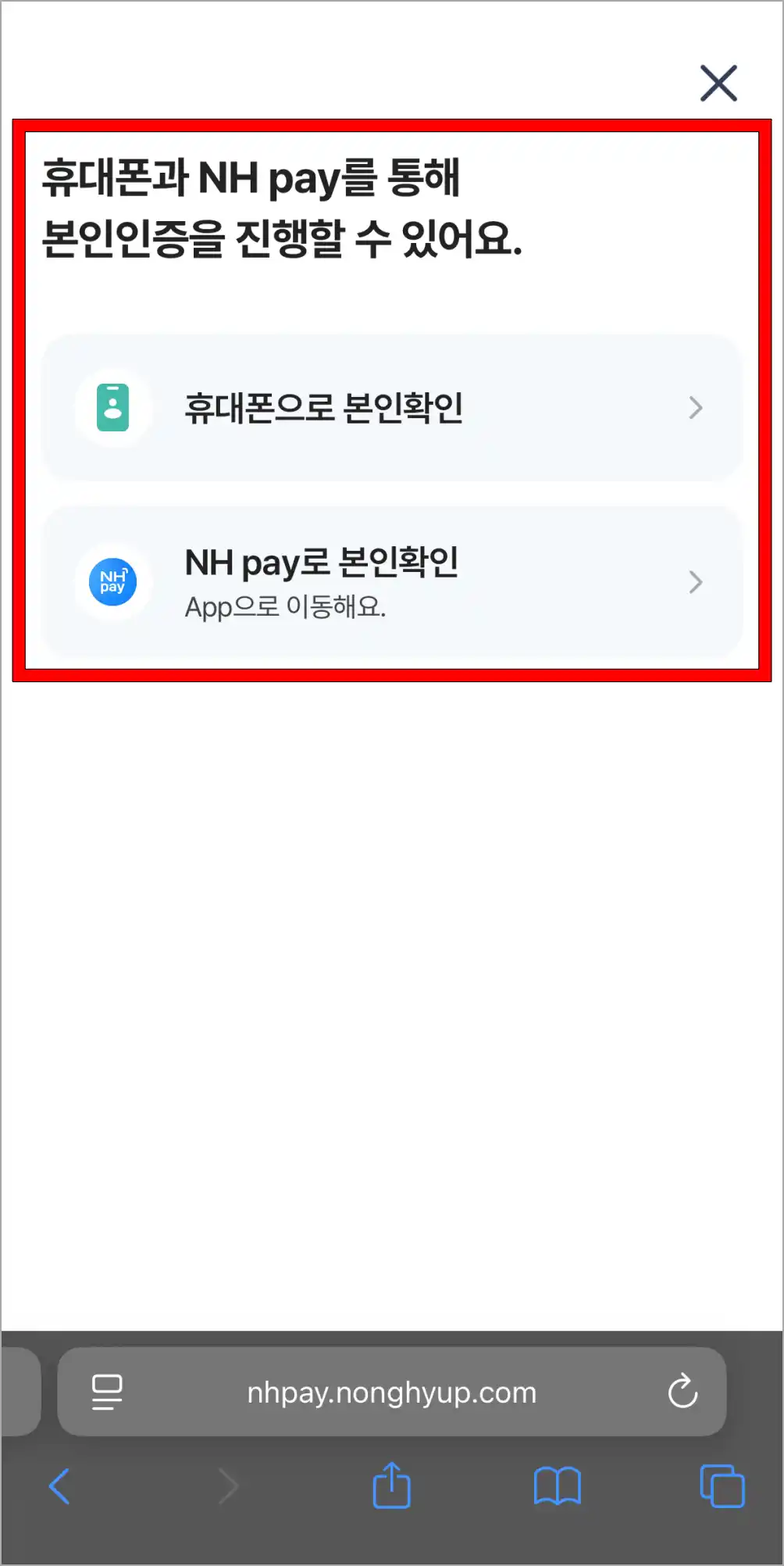 휴대폰 또는 NH pay로 본인인증을 진행