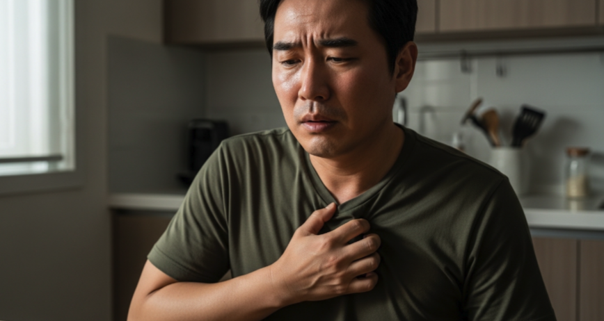 가슴 통증이 근육통인지 고민하는 모습