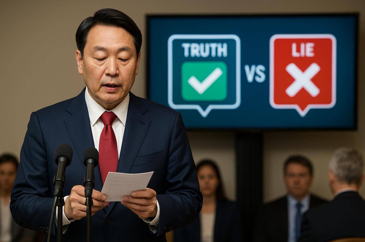 연설자가 진실과 거짓을 구분하는 화면 앞에서 발표하는 장면.