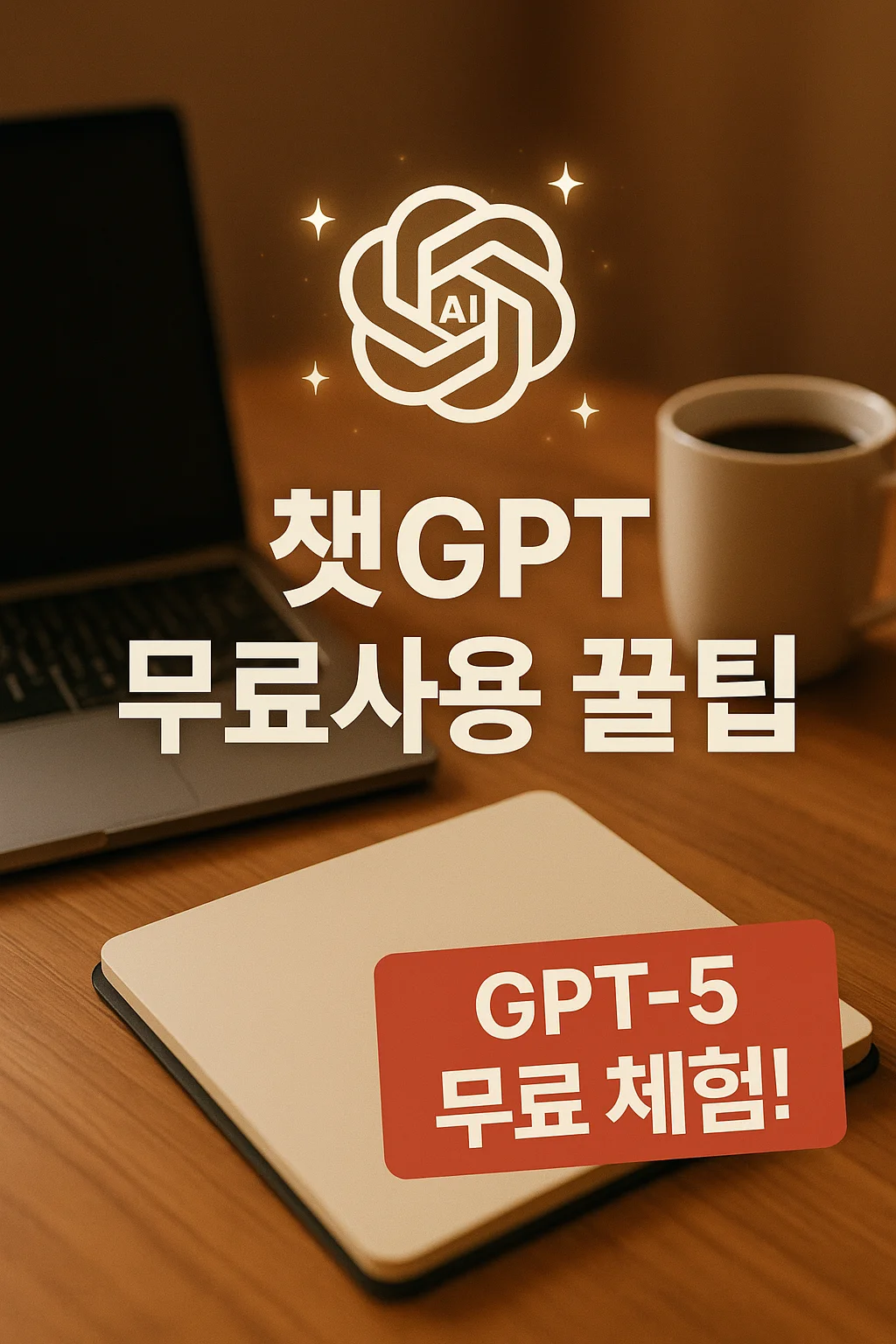 노트북과 커피컵이 놓인 책상 위에 ✨ 반짝이는 AI 아이콘이 떠 있고, 중앙에 '챗GPT 무료 사용 꿀팁' 텍스트가 크게 배치