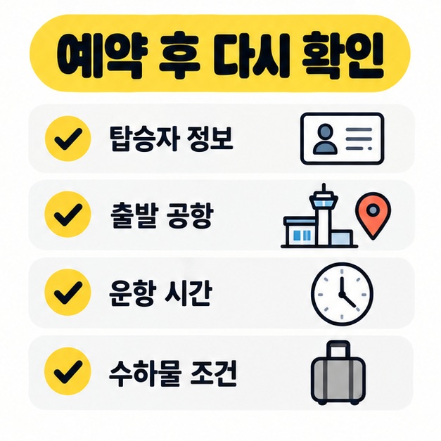 탑승자 정보와 출발 공항, 운항 시간, 수하물 조건을 체크리스트로 확인하는 카드