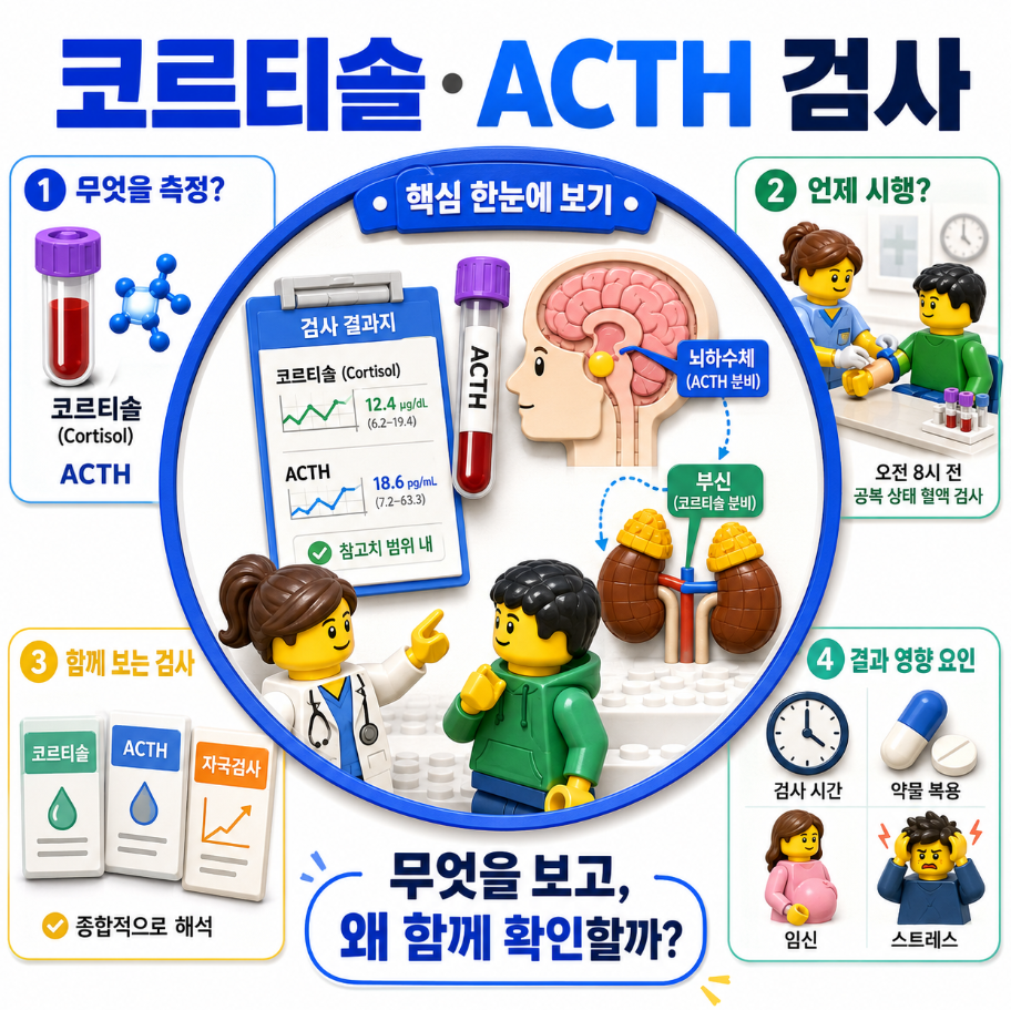 코르티솔·ACTH 검사 핵심 내용을 한눈에 정리한 레고 스타일 의료 인포그래픽