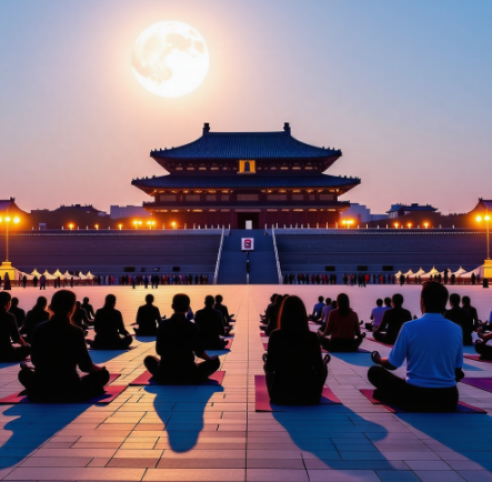 광화문 앞에서 요가하는 사람들 이미지